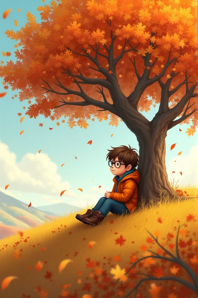 A tree on top of the hill showing itself from the side, so that the hill can be seen and also that a boy with bangs forward, with brown hair ,wearing black glasses and autumn clothes, sitting under this watching the leaves fall in a