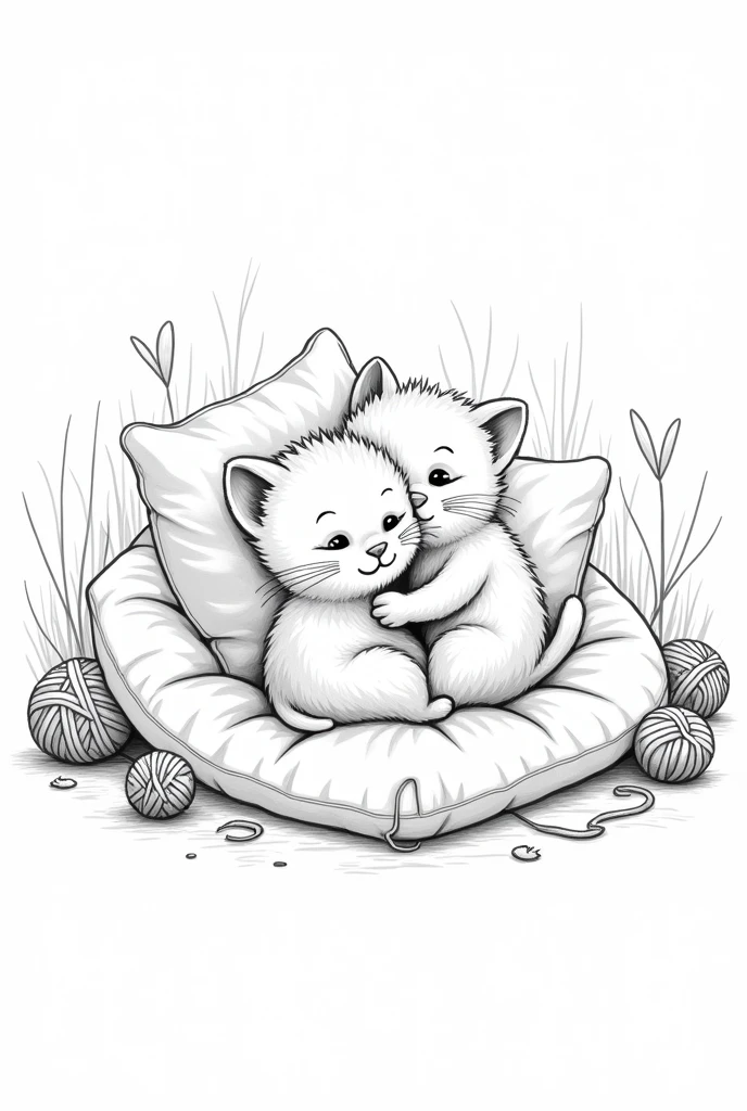 A black and white drawing of a kitten with its mother to color