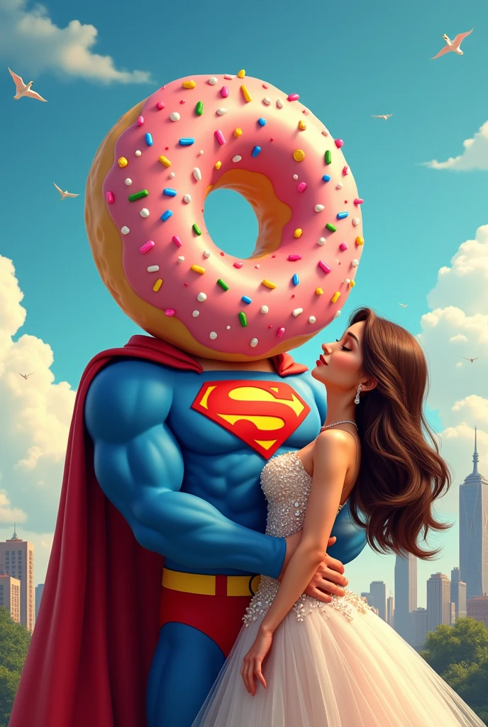 Superman avec une tête de donuts Qui porte une femme brune magnifique comme une princesse