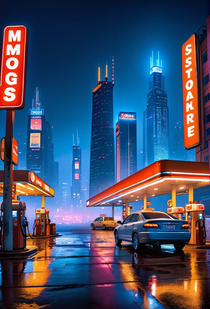 Gas station, neon lights, smog, skyscrapers in the distance, big deep sky, at night