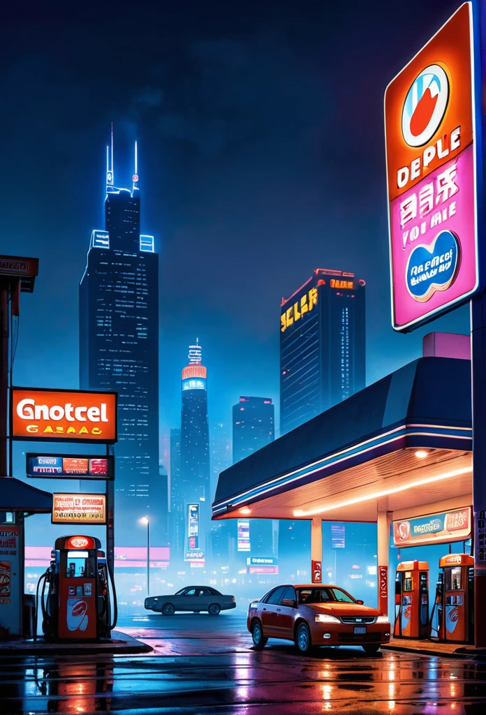 Gas station, neon lights, smog, skyscrapers in the distance, big deep sky, at night
