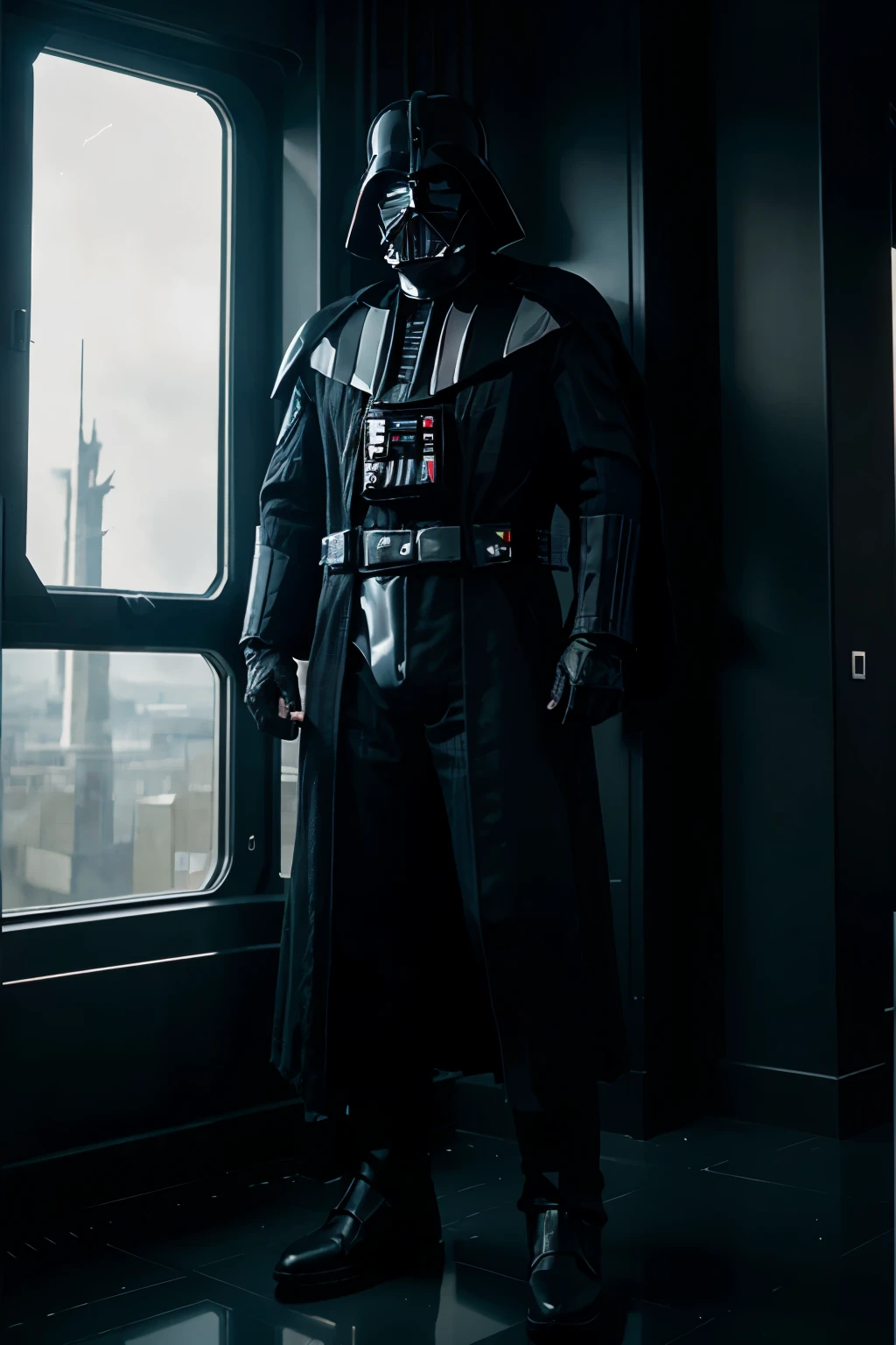 Darth Vader standing on the bridge of the death star. he holds an orb in both hands at waist height. A window behind him displays a star scape.