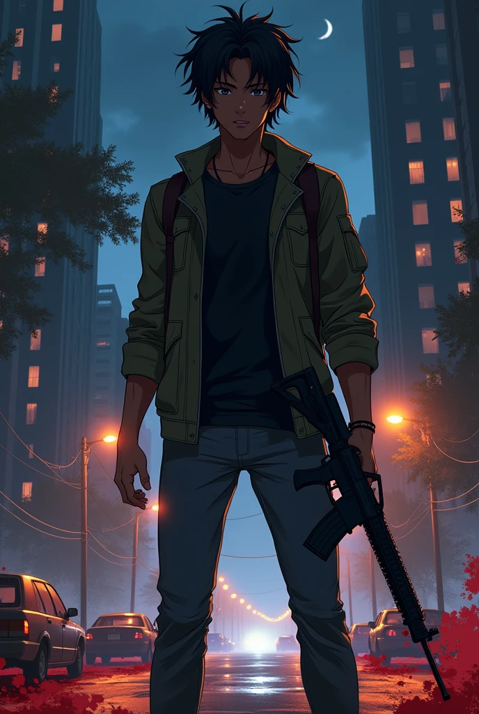 a black anime man with black hair and dark brown eyes and he is wearing a new York city outfit and slim fit jeans and he is standing in River Park Towers at midnight and he is shooting gangster with an ARP and they are dying and there is bloodshed and the man is covered in blood and he is laughing and he is holding an ARP