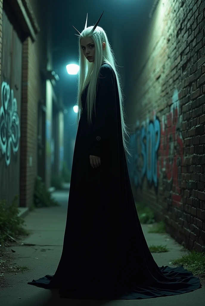 demon in a human body with white hair and an imposing face