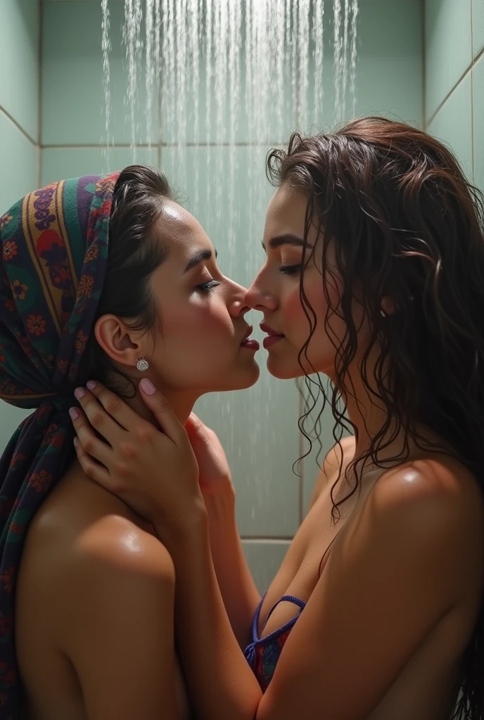 Lesbian couple naked kissing in the shower with the water pouring over them getting them wet