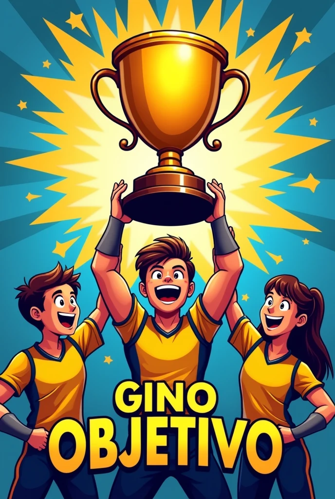 Generate a team flag with a bunch of students dressed like wolverine and rising a trophy, it needs to have Ginco Objetivo writen!