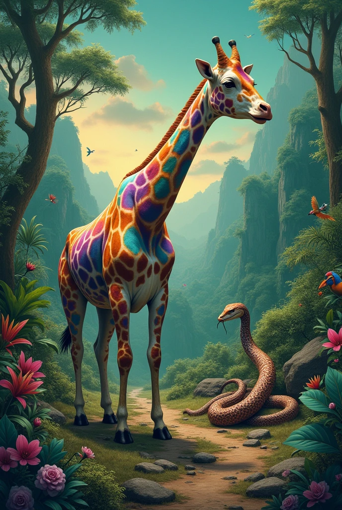 Cow with mutation transforming into a giraffe stepping on top of a very large snake and being bitten and turning into half snake