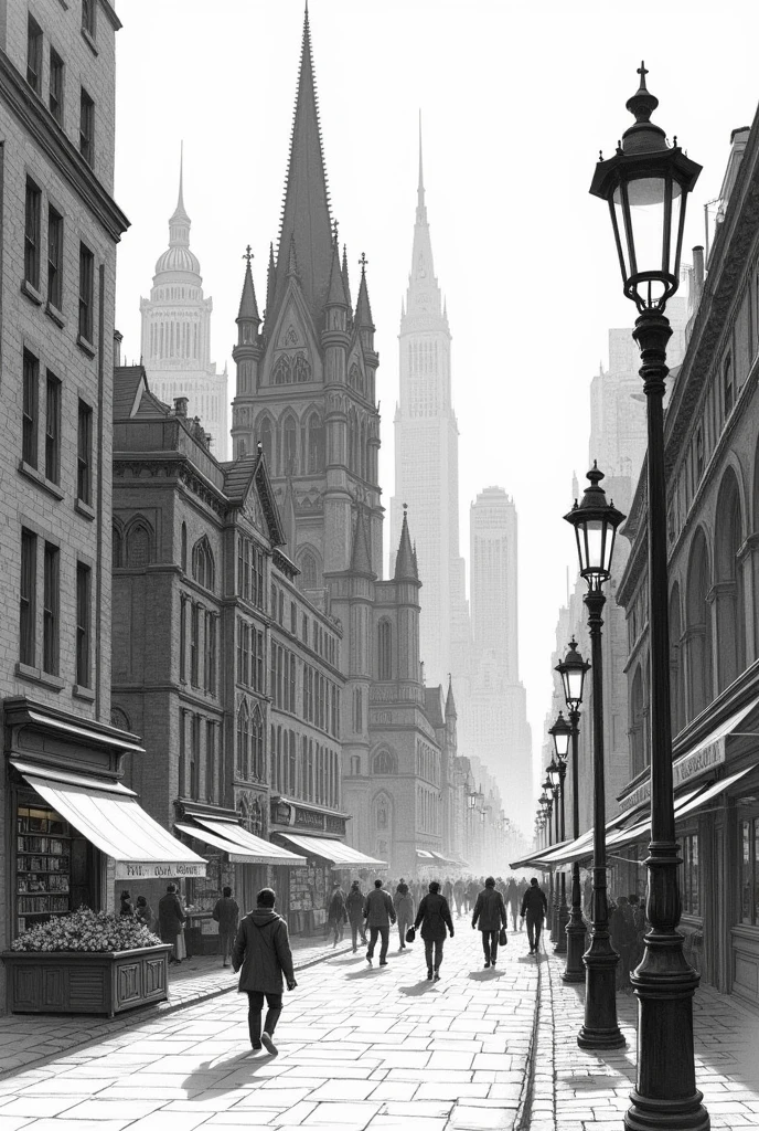 complex detailed scenery black and white sketch drawing