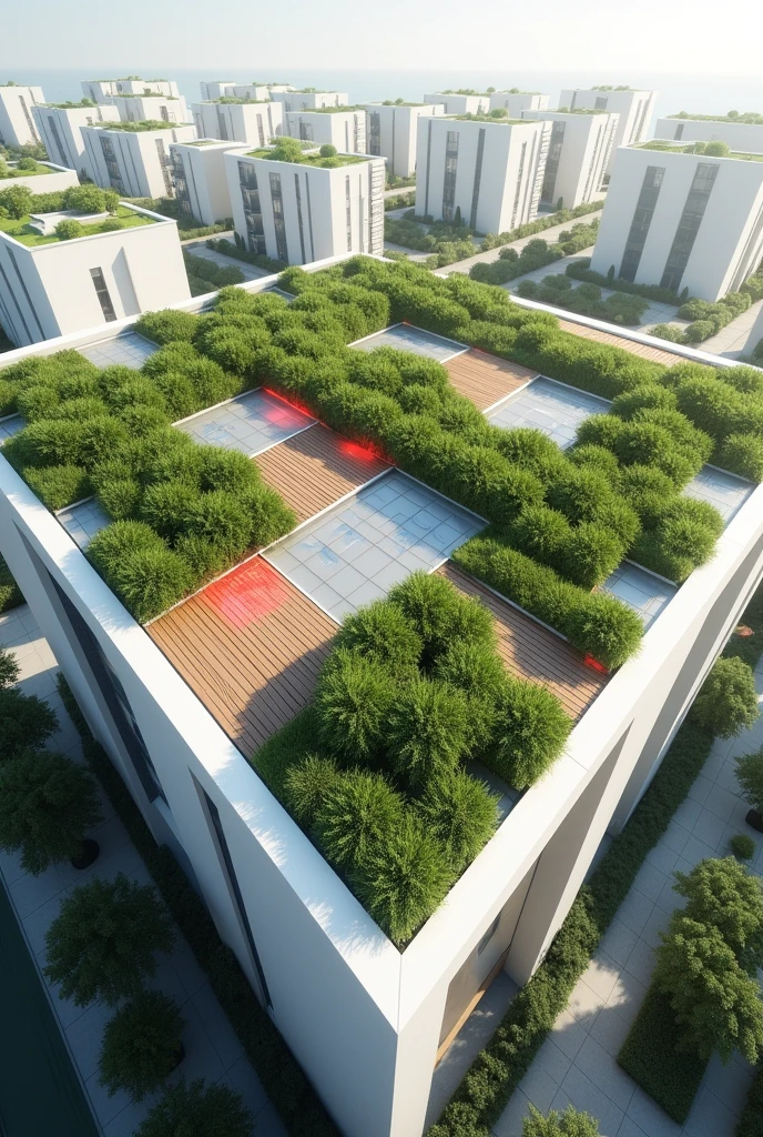 make a lightweight roof with vegetation and wood and polycarbonate material in a square shape with white colors , red and transparent.

