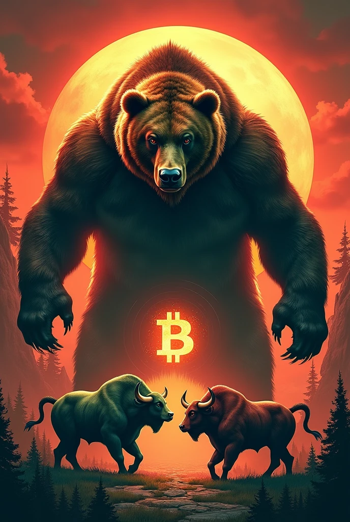 a bear facing a bull, behind the bear the scenery is red, behind the bear the scenery is green, in the general background of the image you can see bars from a financial market graph, the Bitcoin symbol appears between the 2 animals that seem ready to face each other in a battle