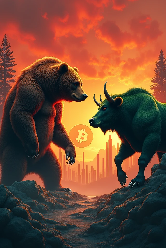 a bear facing a bull, behind the bear the scenery is red, behind the bear the scenery is green, in the general background of the image you can see bars from a financial market graph, the Bitcoin symbol appears between the 2 animals that seem ready to face each other in a battle
