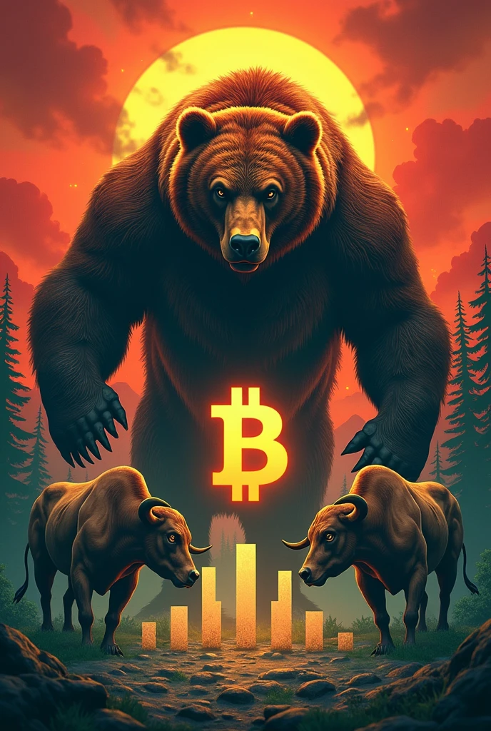 a bear facing a bull, behind the bear the scenery is red, behind the bear the scenery is green, in the general background of the image you can see bars from a financial market graph, the Bitcoin symbol appears between the 2 animals that seem ready to face each other in a battle