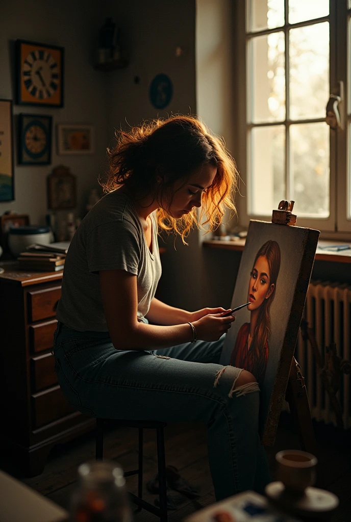Lydia Begins Painting: Lydia is seen sitting at her small art studio in her dimly lit apartment, focused intently on the unfinished portrait. Her surroundings are cluttered with art supplies, and soft light from a window filters into the room. As Lydia adds strokes to the canvas, the atmosphere feels increasingly tense and eerie.