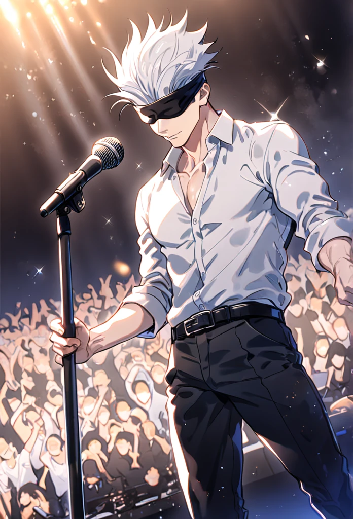 Ultra detailed, HDR, Highres, absurdres, masterpiece, best quality, solo focus, Gojou Satoru, white hair, black blindfold, covered eyes, white shirt, black pants, mic, Jujutsu Kaisen, sexy man, handsome, stage, concert, handsome, sensual, glittering, solo, manly man