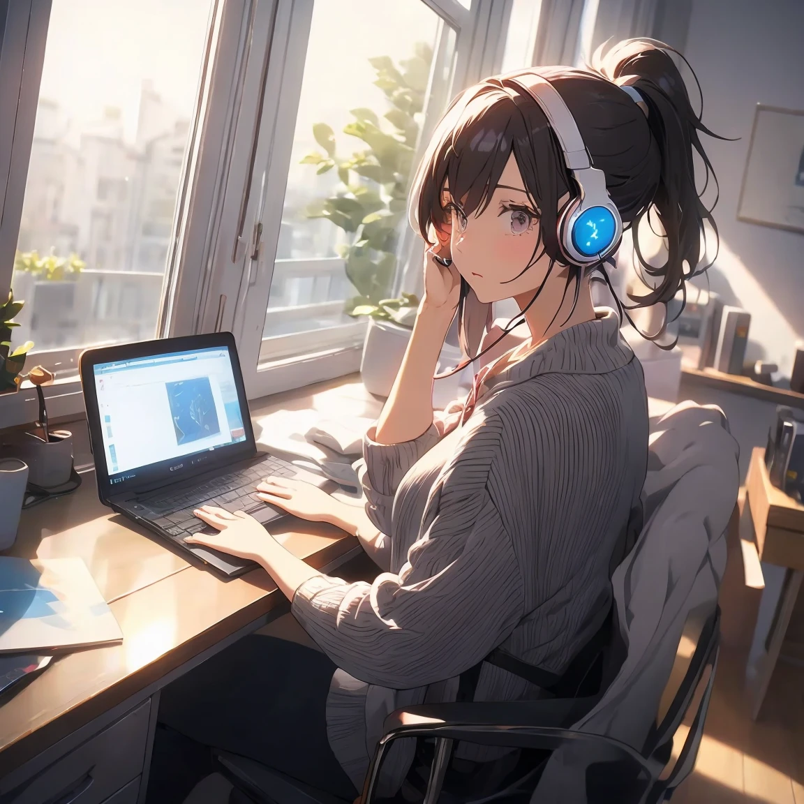 Optimal，masterpiece，High resolution，Highest quality，A warm room。A beautiful woman looking out the window。Wearing one headphone。It&#39;s night outside。Clothes are hoodies。profile