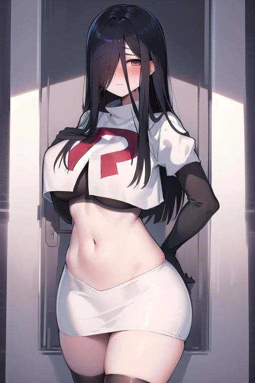 masterpiece, detailed, high quality, absurdres, sadako, (hair over eyes), pale skin, blush, large breasts, curvy, navel, stomach, groin, team rocket,team rocket uniform,white skirt,red letter R,crop top,black thigh-highs,black elbow gloves, cowboy shot,