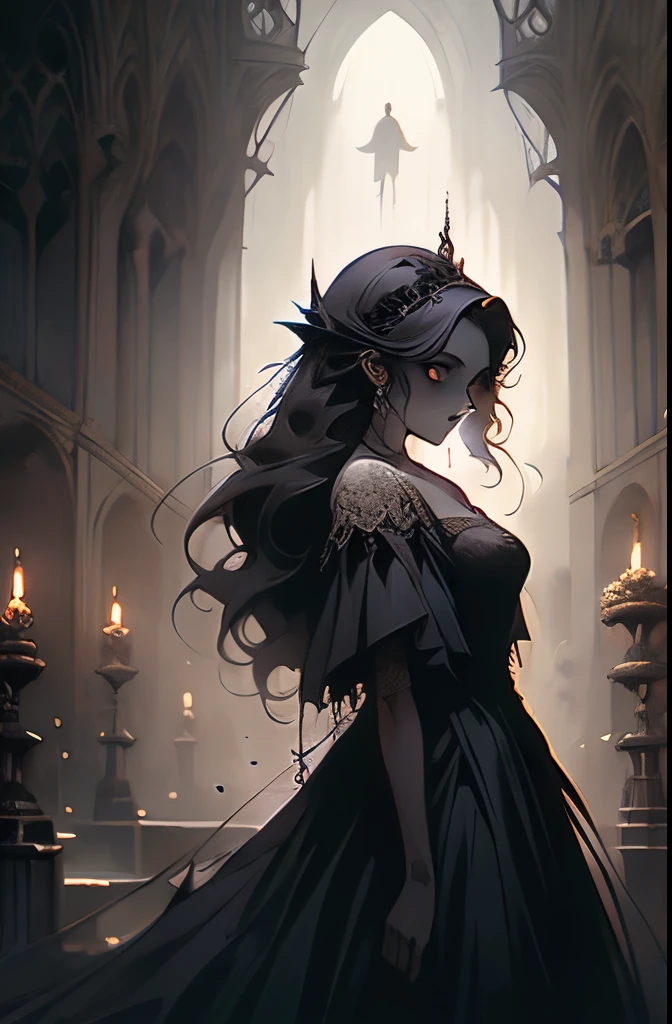 a picture taken from a cemetery at night with a ghost walking in the cemetery, hauntingly beautiful art, la llorona, corpse bride art style, gothic wraith maiden, inspired by Gustave Dore, luthien, style of esao andrews, beautiful depiction, michael whelan and gustave dore, gothic fantasy art, goddess of death in a graveyard
