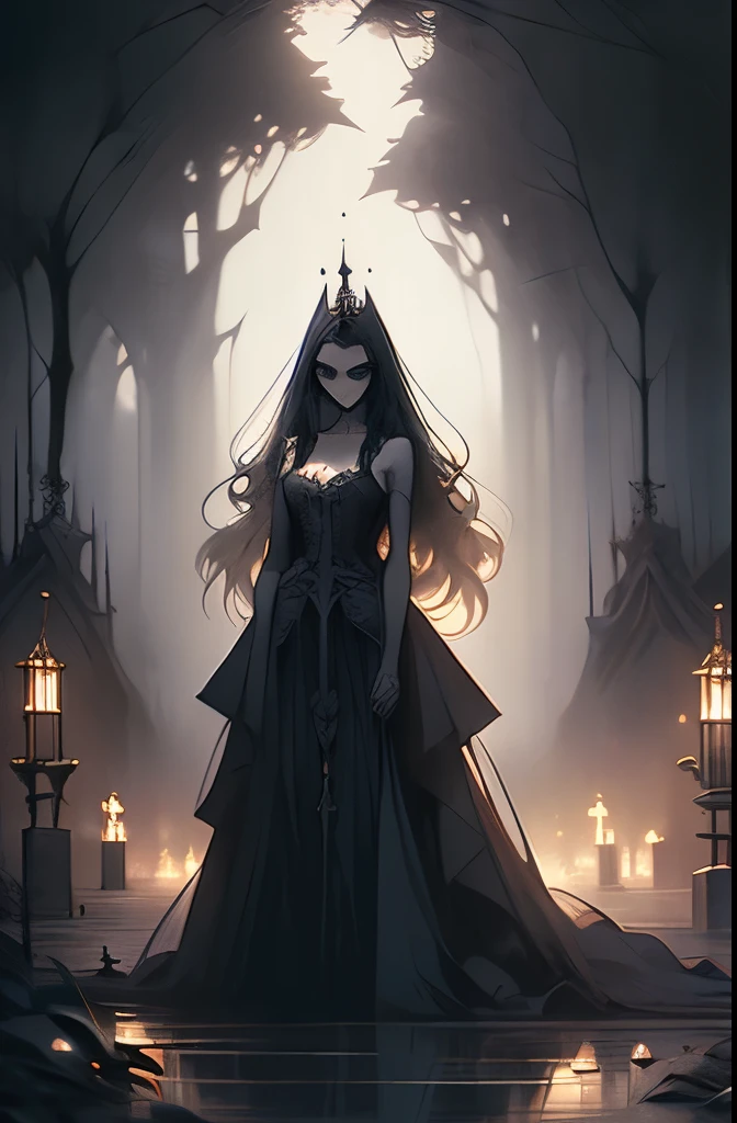 a picture taken from a cemetery at night with a ghost walking in the cemetery, hauntingly beautiful art, la llorona, corpse bride art style, gothic wraith maiden, inspired by Gustave Dore, luthien, style of esao andrews, beautiful depiction, michael whelan and gustave dore, gothic fantasy art, goddess of death in a graveyard