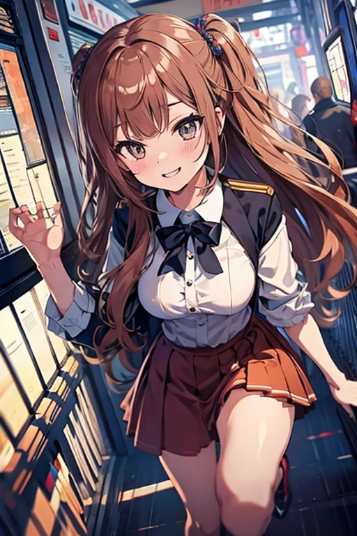 One person, Chestnut Hair, Half-up hairstyle, Asymmetrical bangs, Large Breasts, smile, Droopy eyes, perspective, High School Uniform,Anime Style, Nice body,Knee-length skirt,serious