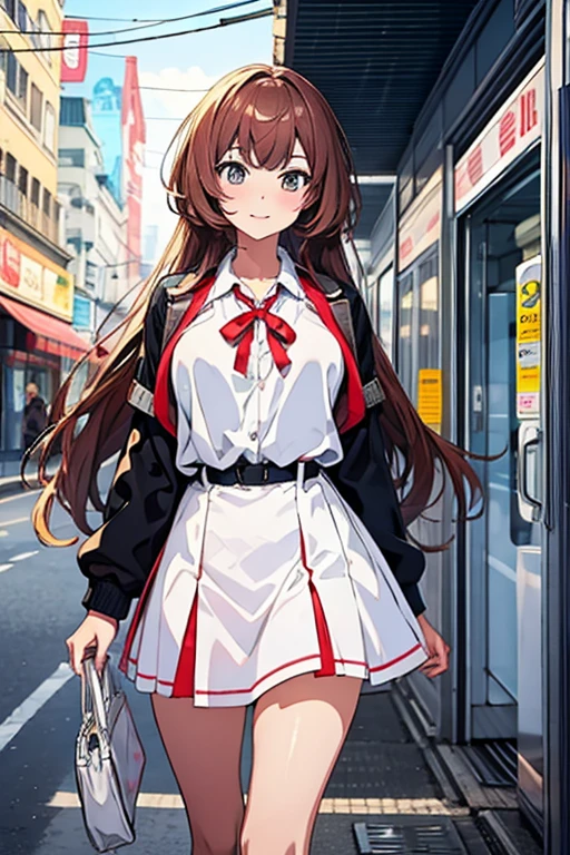 One person, Chestnut Hair, Half-up hairstyle, Asymmetrical bangs, Large Breasts, smile, Droopy eyes, perspective, High School Uniform,Anime Style, Nice body,Knee-length skirt,serious