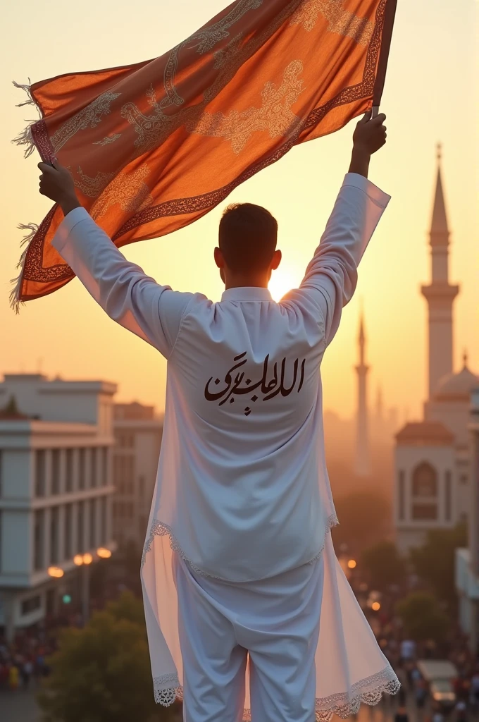 A muslim person waving islamic flag and his white kurta back writing sarib in urdu