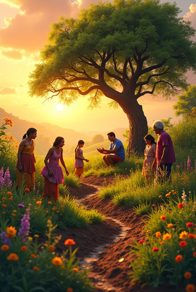 Nature and Community Life: An image that shows community life in harmony with nature, such as a group of people working together in agricultural or ceremonial activities, highlighting the connection between humans and the natural environment.