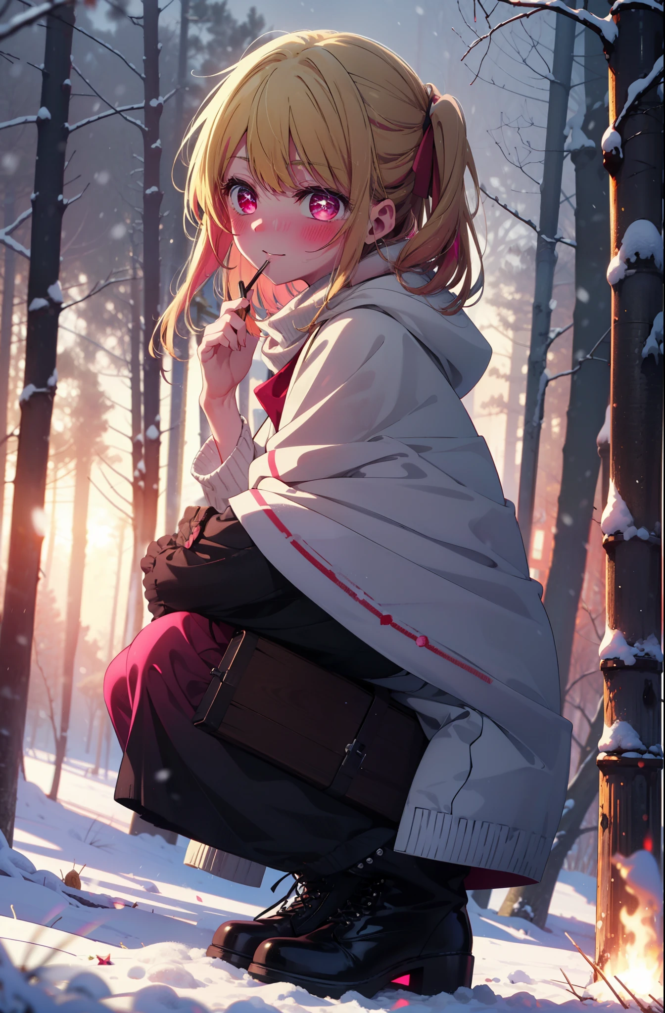 rubyhoshino, Hoshino Ruby, Long Hair, bangs, Blonde, (Pink Eyes:1.3), Side Lock, (Symbol-shaped pupil:1.5), Multicolored Hair, Two-tone hair, smile,,smile,blush,white breath,
Open your mouth,snow,Ground bonfire, Outdoor, boots, snowing, From the side, wood, suitcase, Cape, Blurred, , forest, White handbag, nature,  Squat, Mouth closed, Cape, winter, Written boundary depth, Black shoes, red Cape break looking at viewer, Upper Body, whole body, break Outdoor, forest, nature, break (masterpiece:1.2), Highest quality, High resolution, unity 8k wallpaper, (shape:0.8), (Beautiful and beautiful eyes:1.6), Highly detailed face, Perfect lighting, Highly detailed CG, (Perfect hands, Perfect Anatomy),
