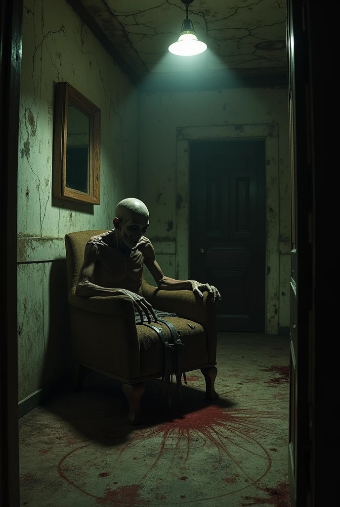 A dark and decadent room, with dirty and cracked walls, illuminated only by a flickering lamp attached to the ceiling. In the center of the room, there is an old and dilapidated wooden chair, with strips of torn leather hanging from its arms, suggesting that someone or something has been held captive there. On the dusty floor, Around the chair, there are strange symbols and rituals drawn with a red substance that looks like blood. In the shadows at the back, a gaunt and deformed figure hides, with long arms and sharp claw-like fingers, partially visible in the dim light. Its bright eyes reflect a deep despair, and its heavy breathing is the only thing that breaks the deathly silence. On the wall beside, there is an old and broken mirror, with distorted reflections that do not correspond to what is in the room, as if showing an alternate reality or a malevolent presence trapped on the other side. The atmosphere is claustrophobic, laden with tension, as if the room itself were alive and waiting to attack.