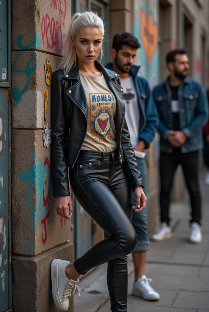 Busty Russian milf, platinum blonde hair in ponytail ,with very light blue eyes, pale, heavy makeup. Wearing black moto jacket, rock t-shirt , black leather jeans and white tennis sneakers. Leaning on a wall