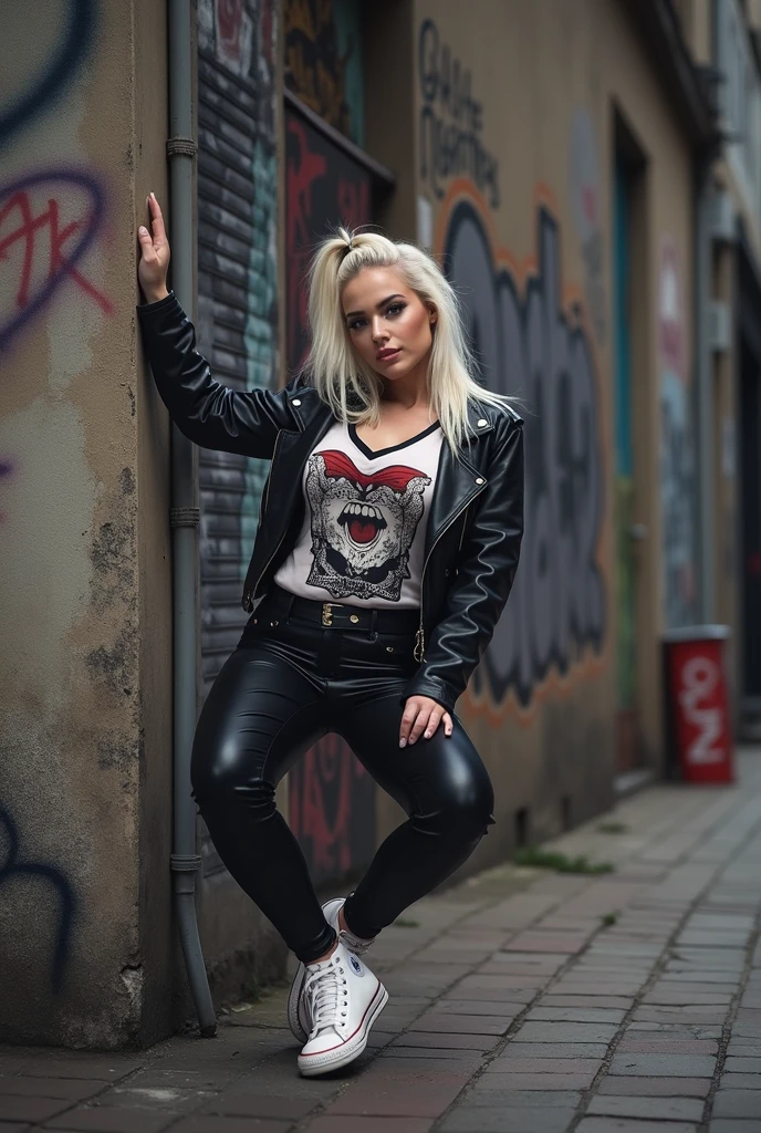 Busty Russian milf, platinum blonde hair in ponytail ,with very light blue eyes, pale, heavy makeup. Wearing black moto jacket, rock t-shirt , black leather jeans and white tennis sneakers. Leaning on a wall