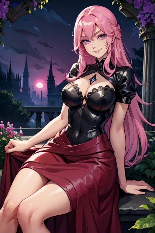 Perfect face. Perfect hands. A pink haired woman with violet eyes an hourglass figure in a leather ball gown is sitting while smiling in a Gothic garden at night