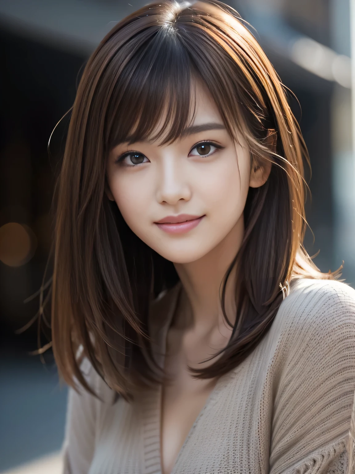 masterpiece, best quality, ultra-detailed, intricately detailed hyperdetailed, realistic, sharp features, highly detailed, sharp focus, Realistic, Photorealistic:1.3, (:1.5), perfect face, perfect symmetrically eyes, perfect full lips, hyper detailed, hyper realistic, high resolution, Fashion Model, Japanese Idol, Slender, brown hair, Stylish, model poses, Beautiful Face, light brown hair, messy hair, asymmetrical bangs, (seductive smile:1.2), (looking at viewer), cinematic lighting, grey background, (Black knit:1.2), portrait