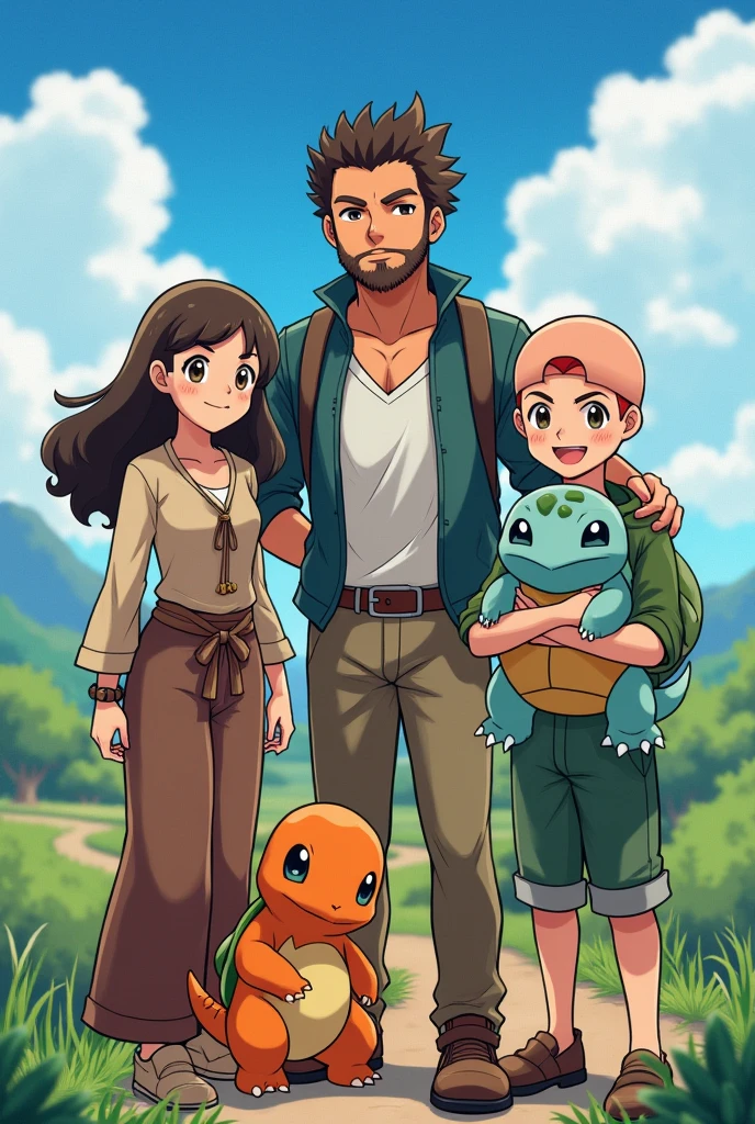 3 persons, I a Pokemon Trainer with a down, fair skin, brown eyes, curvy body with long clothes

Then my brother, a Pokemon Trainer, with medium-length curly hair with a fade, full beard, sturdy, leicht gebräunt und brown eyes.

Then my husband, a Pokemon Trainer, with a bald head, slightly red full beard, sturdy, white skin and green-blue eyes.

The three of us have the starter Pokémon from Kanto, Glumanda, schiggi und bisasam