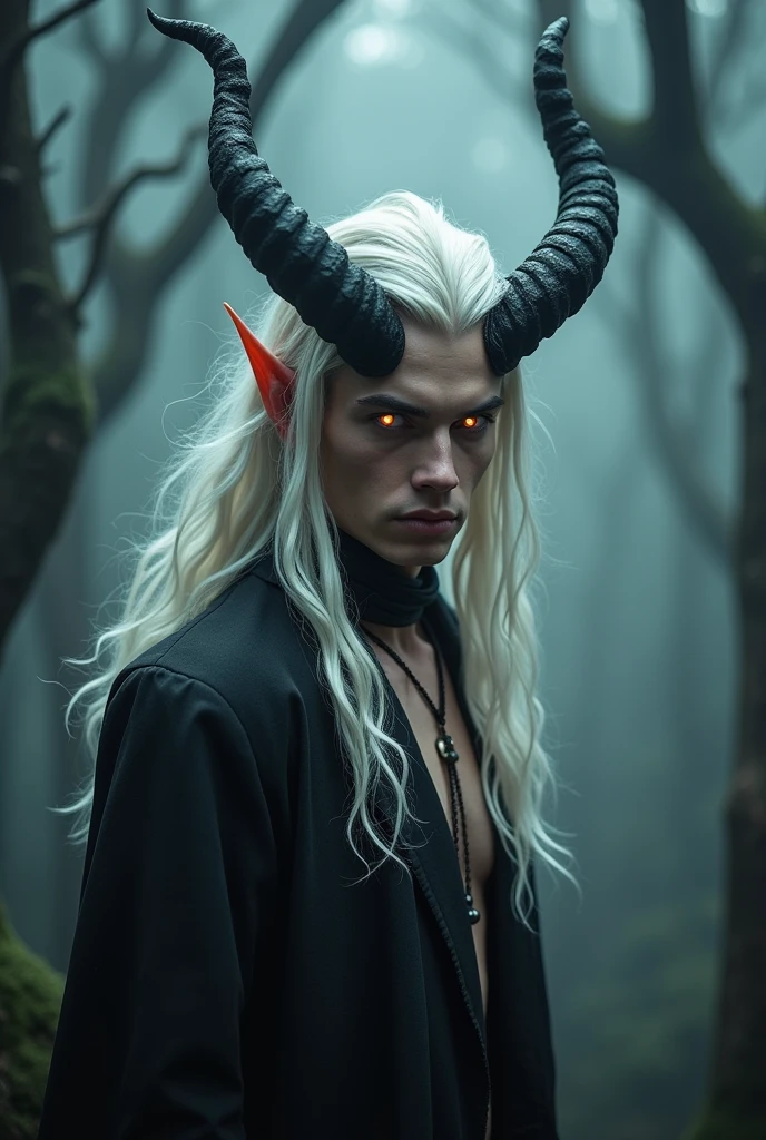 demon in the body of a young man with horns and white hair and an imposing face