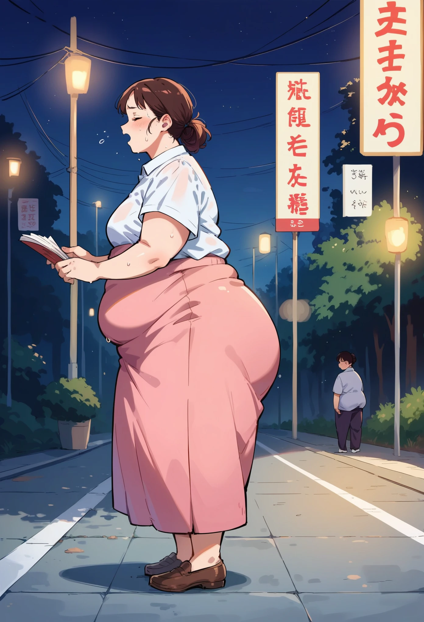 score_9, score_8_up, score_7_up, source_anime, 1 woman, saggy belly, fat belly, business clothes , lize1st, cute woman, waddling, walking with trouble, (funny emotions:1.5), sweat, tired, eyes closed, gasp, ((from side)), street, ((night time, dark night background)), light shaft, (tall chubby woman),
((Safe for work))