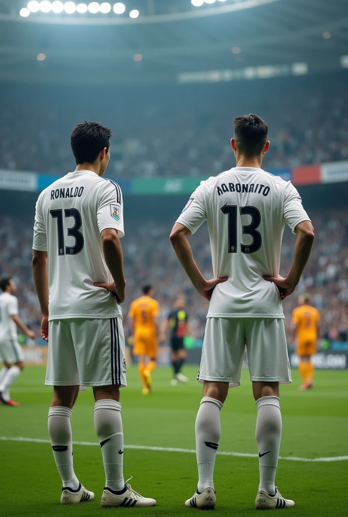 Me white person on real madrid white jersey no 13 name harshith with Cristano Ronaldo white jersey no 7 name Ronaldo back side view no face picture took during a match in blue some referees and players  in match on the pitch and my hand on my hipe and pictures look like real took during a match stadium full Cristano Ronaldo near me ronaldo very standing close to me and looking at the goalkeeper together in the pitch I am not taller than ronaldo