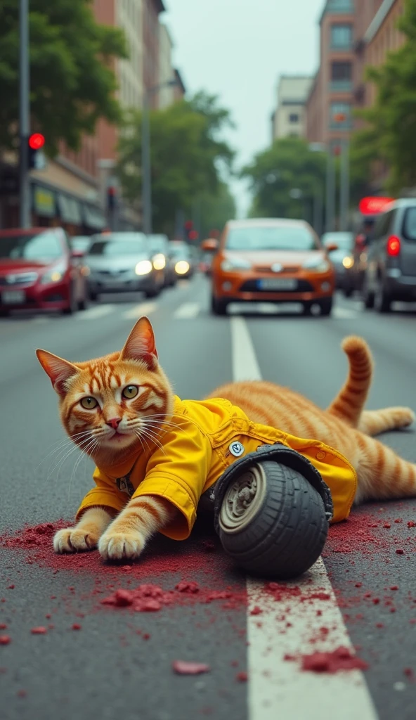 At an intersection, the cat's Wearing yellow clothes scooter is struck by a speeding car. The cat's body lies in the middle of the road, Blood streams downwith the delivery boxes' contents scattered everywhere. The cat's uniform is torn, and its hat is thrown aside, creating a scene of utter devastation. The background shows cars screeching to a halt and pedestrians with shocked expressions.，