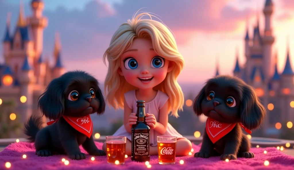 Cute blonde giirl with big blue eyes 2 adorable black shih tzu puppies with big blue eyes wearing bright collars and bandanas holding a bottle of jack daniels and a bottle of coke two shot glasses having a party on a disney rooftop 3D Pixar style
