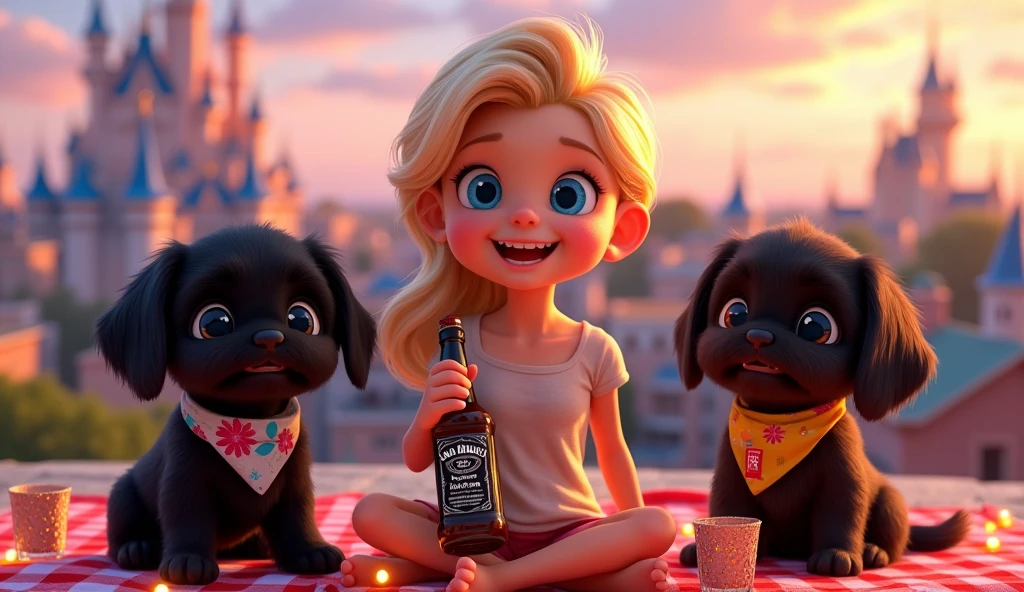 a cute blonde girl with big beautiful blue eyes, 2 adorable black shih tzu puppies with big blue eyes wearing bright colorful collars and bandanas, holding a bottle of jack daniels and a bottle of coke, two shot glasses, having a party on a disney rooftop, everyone at the bar getting tipsy, 3D Pixar style, photorealistic, extremely detailed, vibrant colors, dynamic lighting, whimsical, charming, warm atmosphere, magical, cinematic, masterpiece