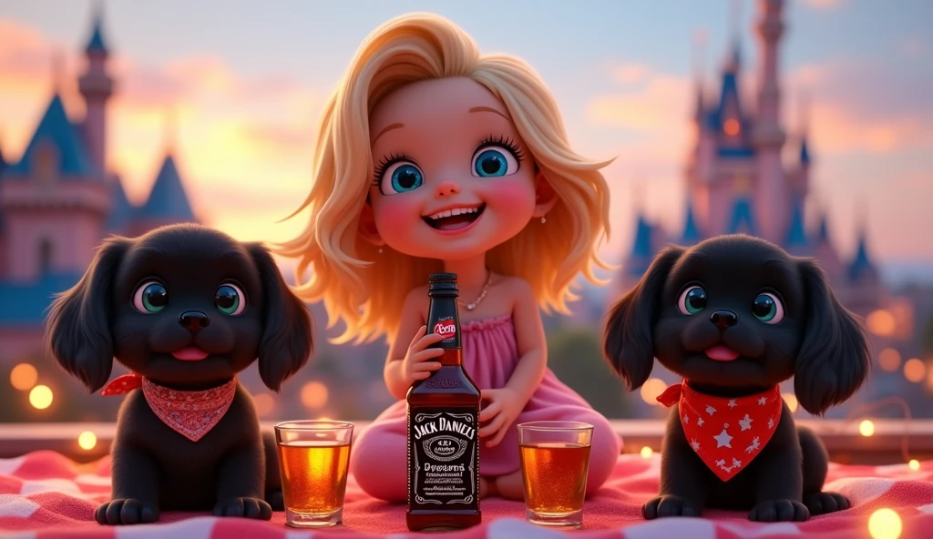 Cute blonde giirl with big blue eyes 2 adorable black shih tzu puppies with big blue eyes wearing bright collars and bandanas holding a bottle of jack daniels and a bottle of coke two shot glasses having a party on a disney rooftop 3D Pixar style