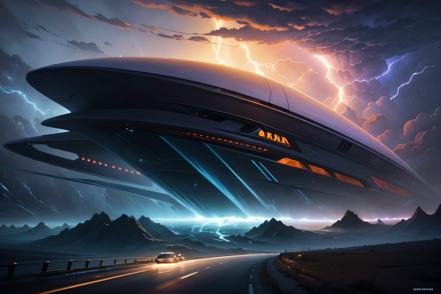 car (Nissan Skyline R34) On the Highway Heading Towards a Distant Storm in an Alien Landscape, Digital Art Inspired by Space Art, Beeple and Tim Hildebrandt, And Greg Rutkowski's Paintings of Massive Clouds with Rotating Tornadoes Emerging, Surrealist Painting by Michael Sutfin, , android jones and rhads, Cloud Vortex, Thick Rotating Tornado, Surrealist Painting, Surrealist Landscape Painting, Modern Storm Cloud,, Jacek Yerka and Vladimir Kush, Surrealist Painting, lightning , Starfield Sky / lightning / มุมมองด้านหลังของcar / F-Zero