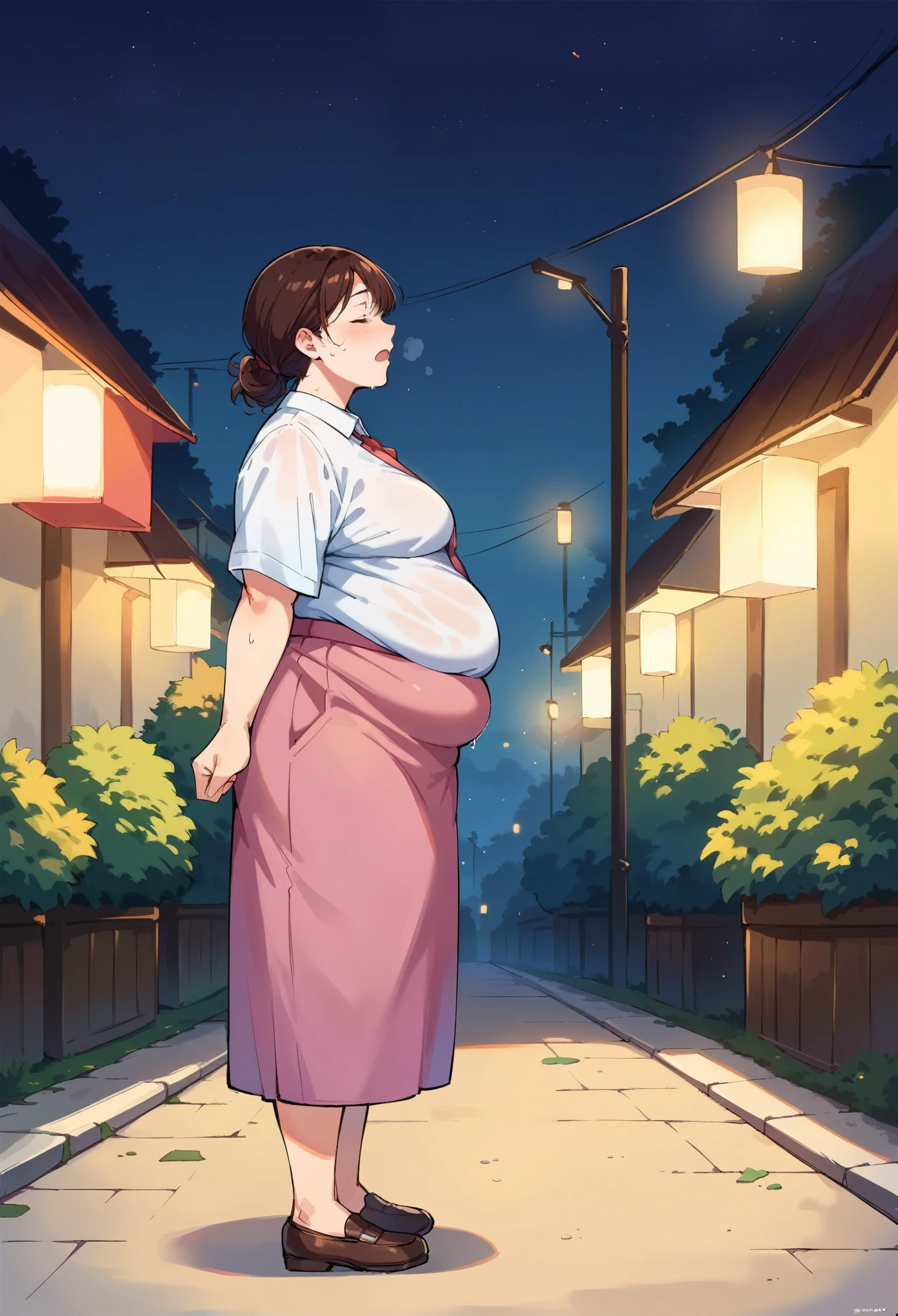 score_9, score_8_up, score_7_up, source_anime, 1 woman, saggy belly, fat belly, business clothes , lize1st, cute woman, waddling, walking with trouble, (funny emotions:1.5), sweat, tired, eyes closed, gasp, ((from side)), street, ((night time, dark night background)), light shaft, (tall chubby woman),
((Safe for work))