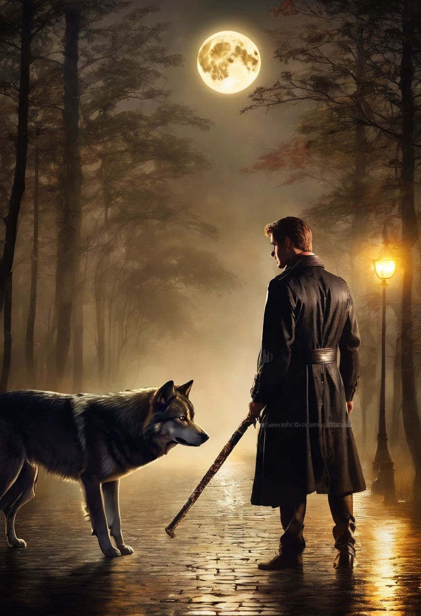 Create an ebook cover in size 520x800, very high quality, for supernatural romance. A man should be masculine, She is beautiful, similar to Ed Speleers. The man must use a discreet cane, because she is blind. Beside him, his wolf must be gray, with amber eyes. Ao fundo, a mysterious night, a big full moon, and delicate lighting effects. ethereal lighting, Fantastic Romance.