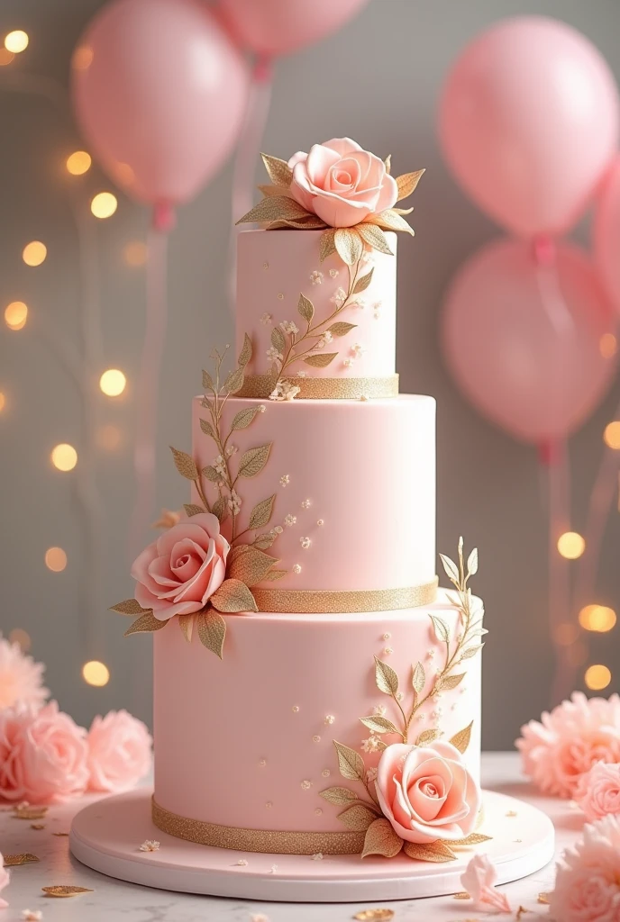 a 15 year old cake with three tiers, light pink and champagne with shimmer