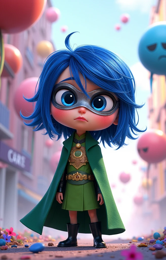 Sad from the cartoon inside out wears doctor doom dress