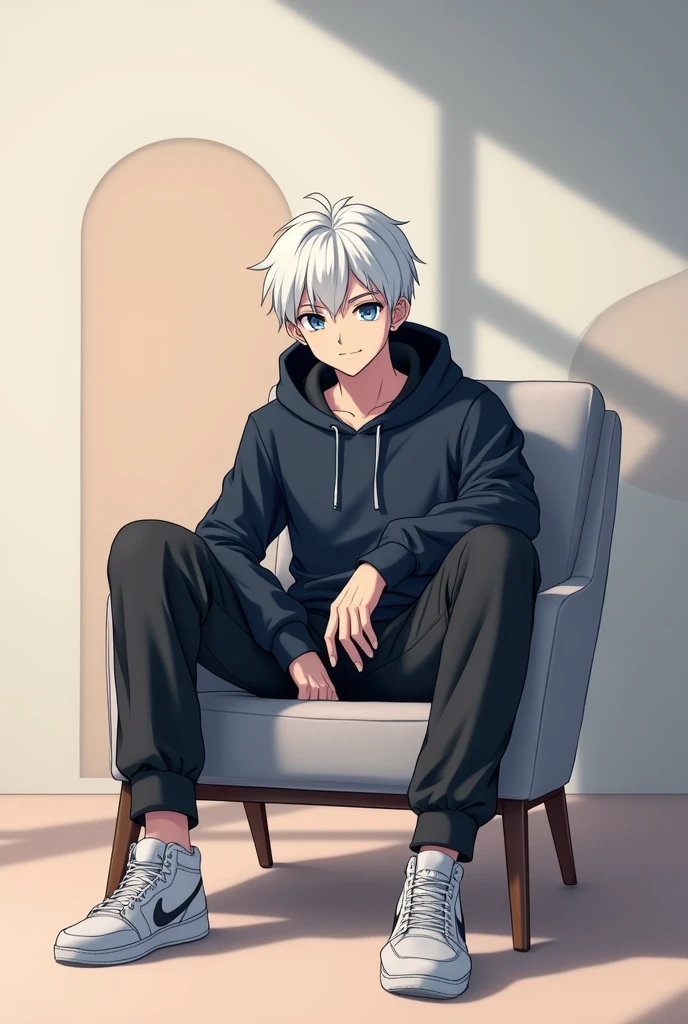 man of 20 years sitting on chair facing forward, hair color is white,skin color is white ,blue eyes , dress is hoodie , eyes and face should be facing forward, character be like anime , having healthy body