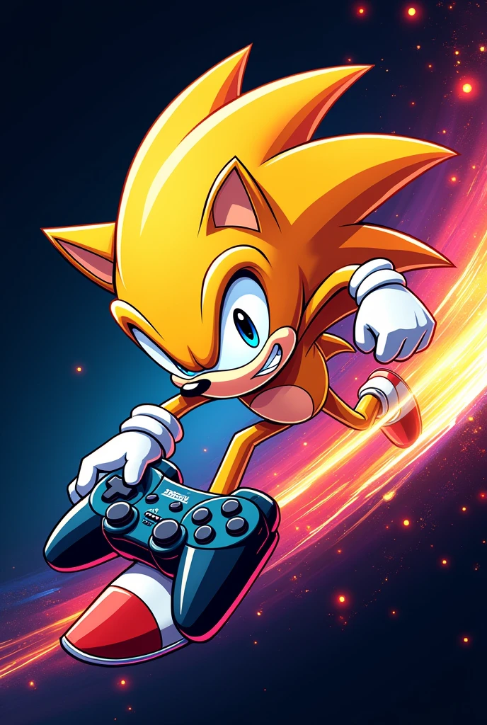 Make a game logo that has a controller in the corner Yellow Sonic