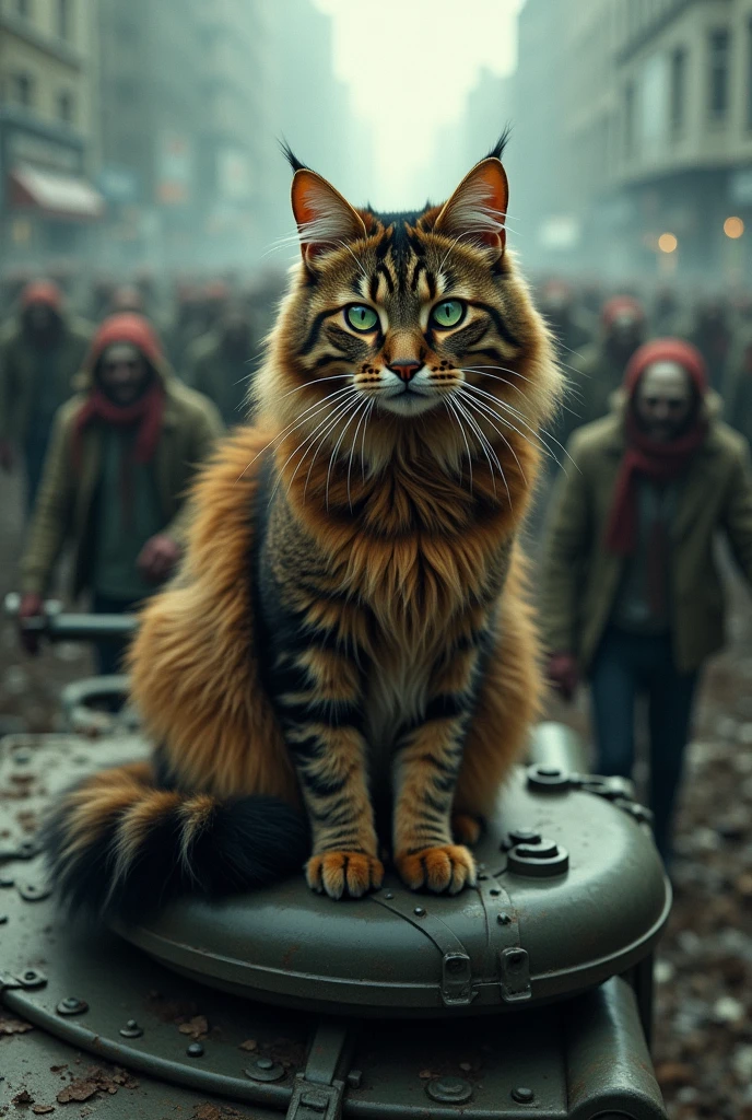 Brown tabby long-haired cat、Sitting on top of a tank hatch、Hordes of zombies in the background
