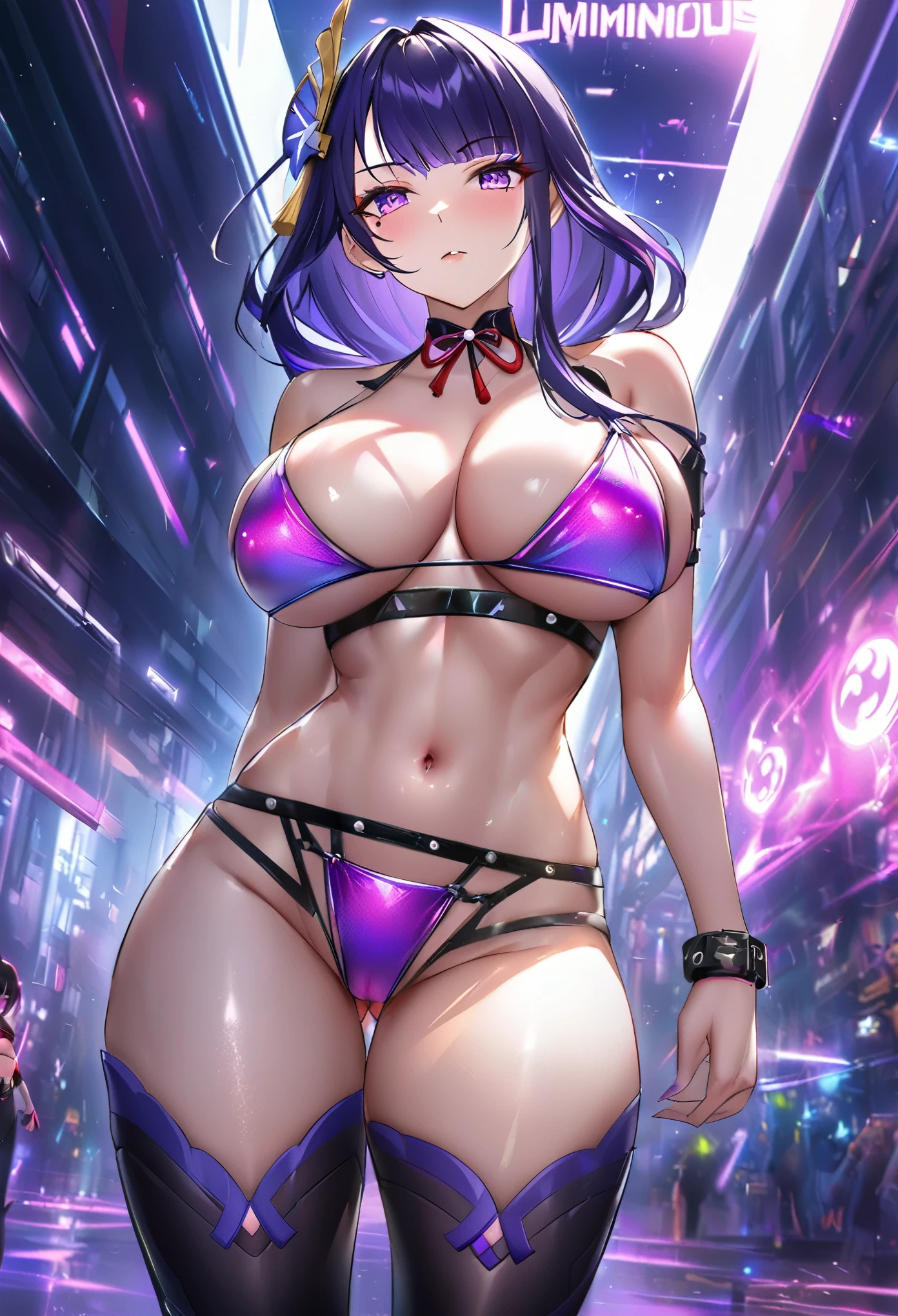 ((Raiden Shogun)), (Genshin Impact), ((luminous design)), black hair, purple eyes, seductive expression, (lewd), (ecchi), (cyberpunk), (punk), big tits, thick thighs, thigh highs, choker, rave, wristband, sexy, submissive, ((natural lighting)), (radiosity, ambient occlusion, anisotropic filtering), upper body, anime, neon bikini, arms behind back,
