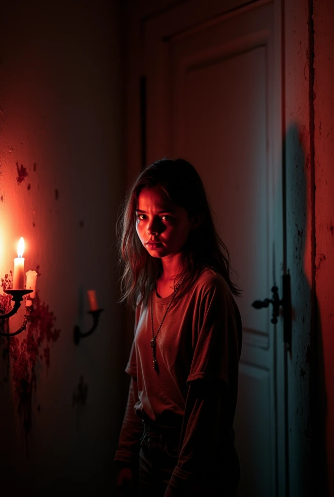 A ager in a dark and macabre room scared and afraid